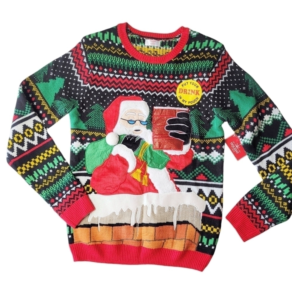 Ugly Christmas Santa Beer Drink Holder Sweater